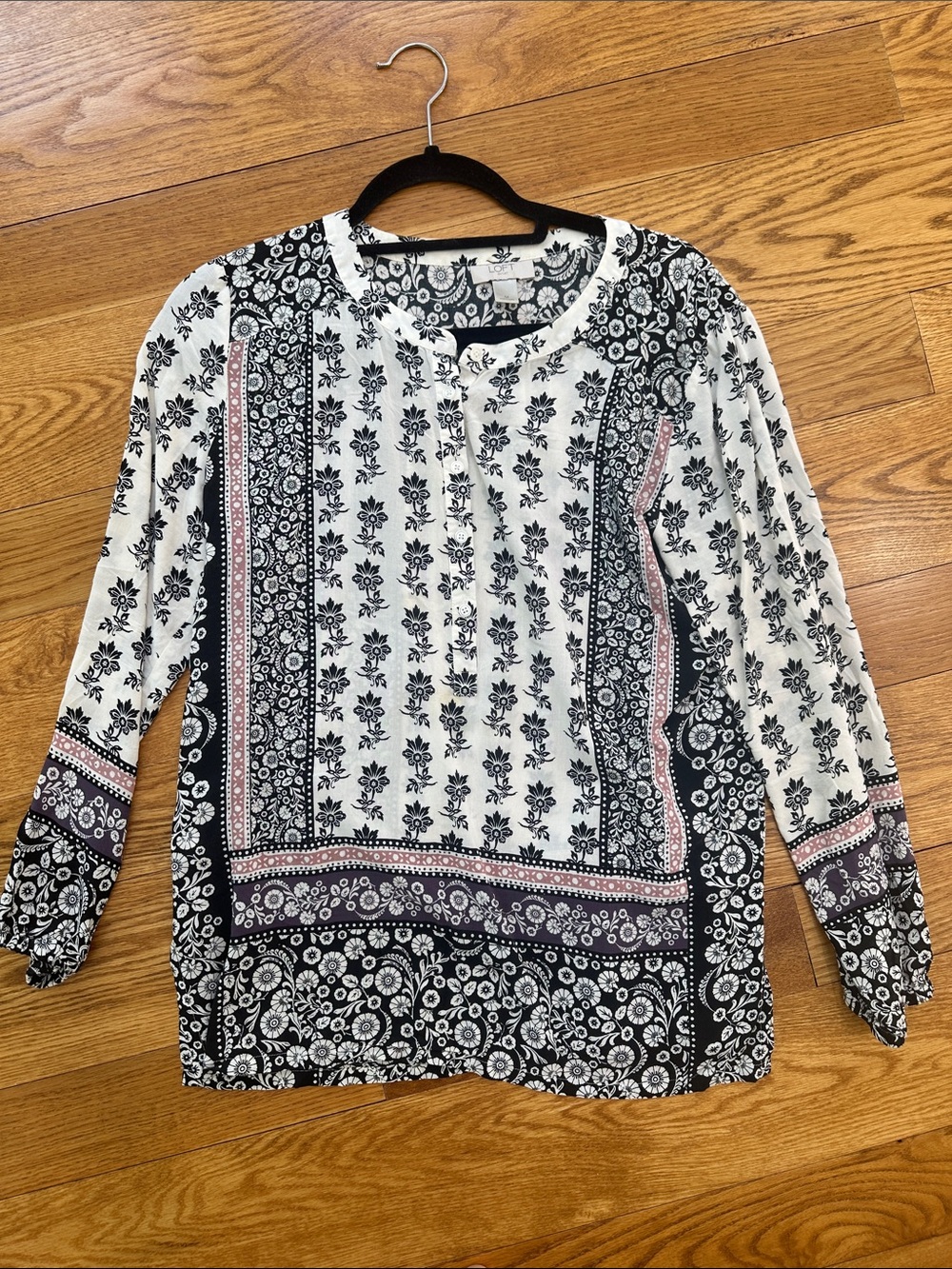 LOFT Black and White Printed Long-Sleeve Henley Tunic with Pink Trim